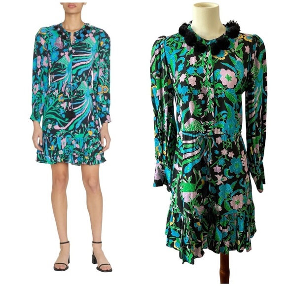 FIGUE ELLA TASSEL TIERED RUFFLE DRESS XS BIRDSONG POM NECKLINE FLORAL FEMININE - Picture 1 of 11